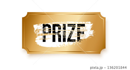Golden scratch-off ticket with grunge brush stroke opening the word prize. Gold winner scratching card. Winning lottery coupon isolated on transparent background. Realistic vector illustration 136201844