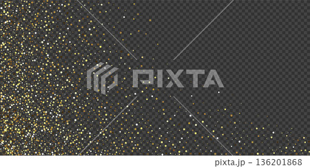 Gold glitter confetti background. Golden glittering dust on transparent background with copy space. Festive holiday shiny luxury backdrop. Abstract vector illustration 136201868