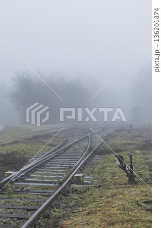 Diverging railway tracks receding into dense fog in Uhrice Diverging railway tracks receding into dense fog in Uhrice 136201874