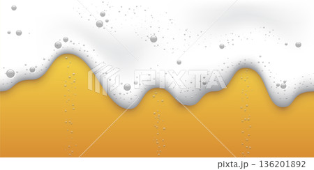 Beer foam background. Mug or bottle of beer with white textured foam with bubbles. Water foam on sand beach. Realistic vector illustration 136201892
