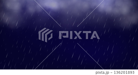Rain effect background. Rainy backdrop with water drops. Dark rainy autumn or spring sky with clouds and rain. Abstract vector illustration 136201893