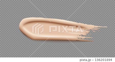 Makeup foundation swatch. Smear of liquid concealer. Beige textured cream. Face cosmetic product. Beauty industry. Realistic vector Illustration Makeup foundation swatch. Smear of liquid concealer. Beige textured cream. Face cosmetic product. Beauty industry. Realistic vector Illustration 136201894