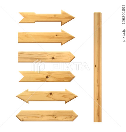 Wooden arrows pointers vector illustration set. Realistic wood sign posts. Blank arrows with wood texture 136201895