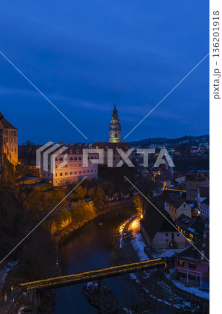 Cesky Krumlov Castle and Vltava river at winter twilight 136201918