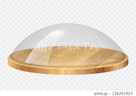 Glass dome with wooden tray. Transparent crystal bell, container, case, cover with round wood plate. Empty product display or showcase. Realistic vector illustration isolated on transparent background 136201923