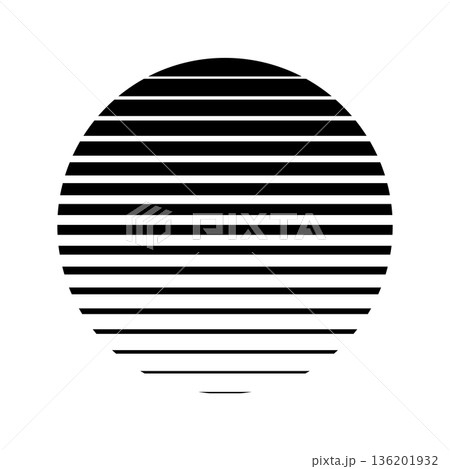 Retro sun sunset in style of 80s, 90s. Black sun with striped gradient lines isolated on white. Abstract vintage futuristic vector illustration for cyberpunk, disco, music party, games 136201932