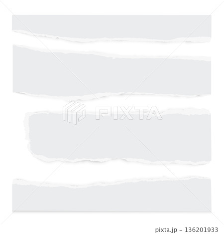 Torn white paper sheets set with ripped edges on white background. Scrapbook edge, notebook tear, blank page split vector collection. Damaged letter, document mockup, newspaper cutout 136201933