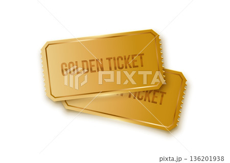 Two golden tickets on white background. Gold coupon, sticker or discount tag mockup. Cinema, theater, concert, party, event, festival invitation entrance. Realistic vector illustration Two golden tickets on white background. Gold coupon, sticker or discount tag mockup. Cinema, theater, concert, party, event, festival invitation entrance. Realistic vector illustration 136201938