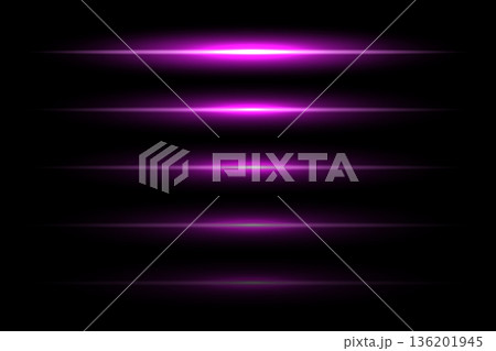 Neon light laser purple lines with flash effect. Violet abstract night electric beams, fluorescent led light rays. Modern futuristic vector collection isolated on black background 136201945