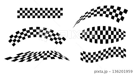 Black and white checkerboard trippy pattern set. Wavy chess board. Abstract chess background. Different wavy grid geometric shapes. Race flags. Retro mosaic Black and white checkerboard trippy pattern set. Wavy chess board. Abstract chess background. Different wavy grid geometric shapes. Race flags. Retro mosaic 136201959