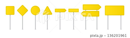 Road traffic signs of different shapes on metal poles vector illustration set. 3d realistic yellow blank street signboards. Isolated empty roadside signposts to notice information, danger, guide Road traffic signs of different shapes on metal poles vector illustration set. 3d realistic yellow blank street signboards. Isolated empty roadside signposts to notice information, danger, guide 136201961