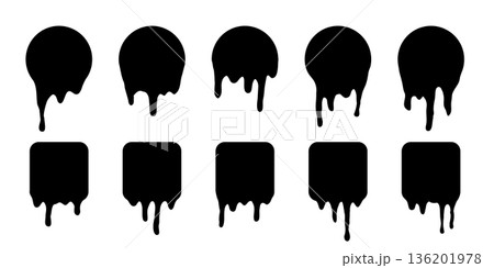 Paint melted drip shape icons set vector illustration. Splash of black ink circle and square drop, liquid blobs melt and flow, simple stickers with fluid droplets on wall isolated on white Paint melted drip shape icons set vector illustration. Splash of black ink circle and square drop, liquid blobs melt and flow, simple stickers with fluid droplets on wall isolated on white 136201978