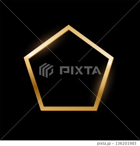 Golden pentagon photo frame on black background. Gold button. Blank space for picture, painting, card. 3d realistic empty template vector illustration. Simple object mockup 136201985