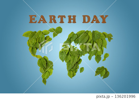 Earth day 2026 concept and green recycling. Mockup of world map is made of green leaf and an inscription made of wooden letters on blue background. Ecology concept. World Environment Day Earth day 2026 concept and green recycling. Mockup of world map is made of green leaf and an inscription made of wooden letters on blue background. Ecology concept. World Environment Day 136201996