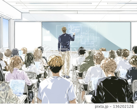 次世代教育の教室風景｜ホログラム端末を使って学ぶ高校生と教師の未来授業イメージ 136202128