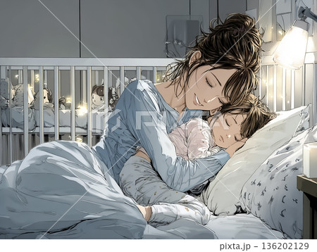 母親の腕の中で眠る幼児｜夜のやさしい時間と親子の安心感を描いたイラスト 136202129
