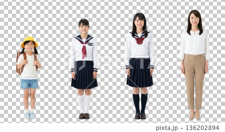 一套四張不同年齡的日本女性全身鏤空圖，涵蓋小學生到職場女性，透明PNG格式。 136202894