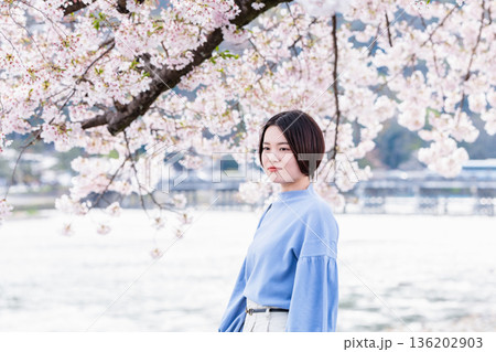 桜を見ながら観光をする若い女性 桜を見ながら観光をする若い女性 136202903