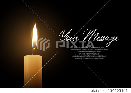 Candle Light, Vector Illustration with 3d Realistic Burning Flame on Dark Background. Memorial and Sympathy Horizontal Card Template. Spiritual, Calm Design For Remembrance, Meditation, Condolence 136203141