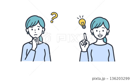 疑問と解決のひらめきを表す女性の表情セットイラスト素材 136203299