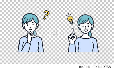 疑問と解決のひらめきを表す女性の表情セットイラスト素材 136203299