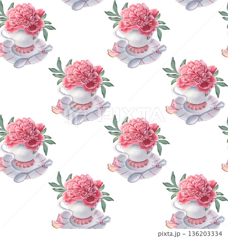 Seamless pattern with vintage teacup, saucer, teaspoon, pink peony, leaves. Hand-painted watercolor illustration isolated on white for textile, packaging, wallpaper, branding, wedding design, decor 136203334