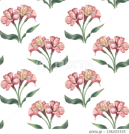 Seamless pattern, bouquet with alstroemeria flowers. Hand-painted watercolor botanical illustration isolated on white for textiles, packaging, stationery, wallpapers, branding, wedding design, decor Seamless pattern, bouquet with alstroemeria flowers. Hand-painted watercolor botanical illustration isolated on white for textiles, packaging, stationery, wallpapers, branding, wedding design, decor 136203335