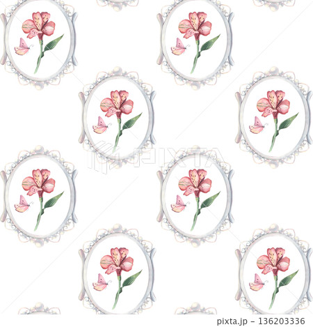 Seamless pattern, vintage pearl frame, alstroemeria, butterfly. Hand-painted watercolor illustration isolated on white for textile, packaging, stationery, wallpaper, branding, wedding design, decor 136203336