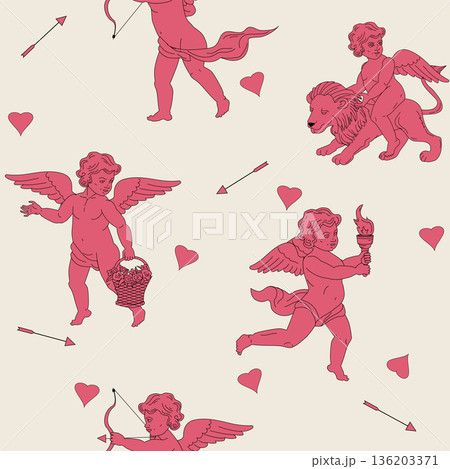 Vintage Cupid Seamless Romantic Cherubs Pattern on Pink Background 136203371