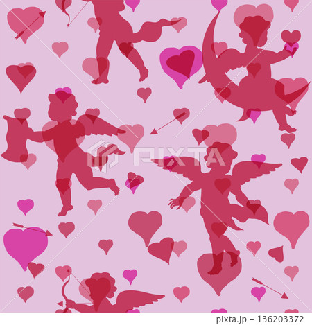 Seamless pattern vintage cupid dark romantic on black background, illegible script, text 136203372