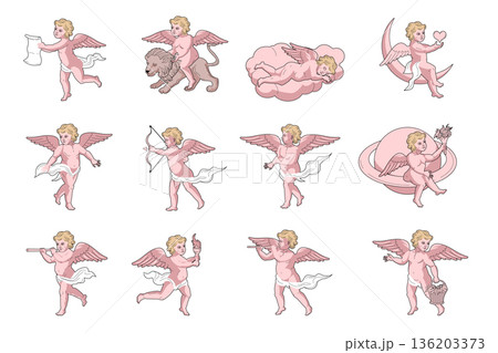 Set of hand drawn vintage style cupid and cherub doddle, sketch 136203373