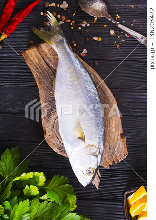 Gray Mullet Fish (Kefal) with spice on board 136203422