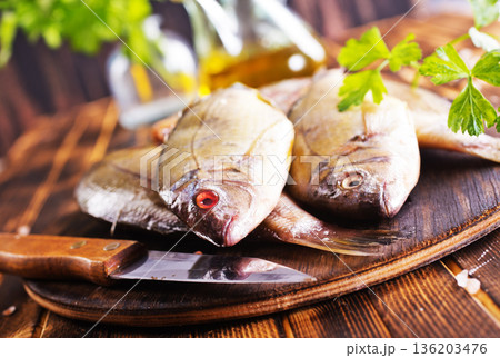 Raw pike perch, pikeperch fish. Fresh fish. 136203476