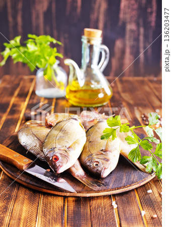 Raw pike perch, pikeperch fish. Fresh fish. 136203477
