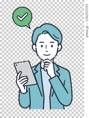 圖示：一位男性商務人士正在平板電腦上進行批准和確認。 136203593