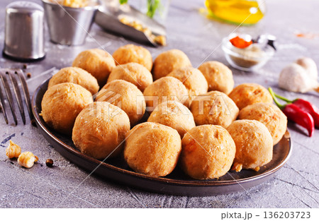 Falafel balls - healthy vegan dish made from ground chickpeas with corriander and parsley. Falafel balls - healthy vegan dish made from ground chickpeas with corriander and parsley. 136203723