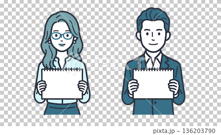 フリップボードで案内する男女のメッセージ表示イラスト素材 136203790