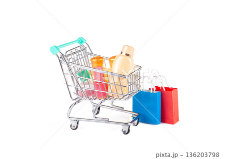 Shopping cart filled with cosmetic products 136203798