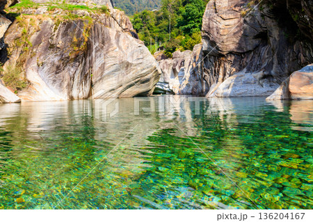 View of the Verzasca river in Lavertezzo, Verzasca Valley, Ticino Canton, Switzerland View of the Verzasca river in Lavertezzo, Verzasca Valley, Ticino Canton, Switzerland 136204167