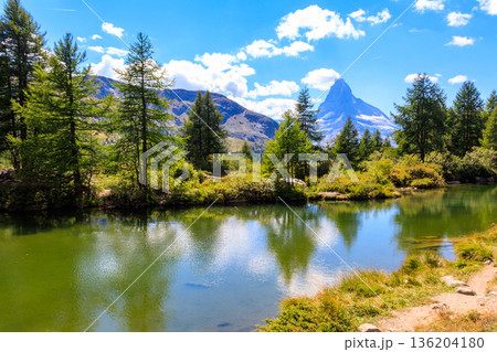 View of Grindji Lake (Grindjisee) and Matterhorn mountain at summer on Five-lake trail in Zermatt, Switzerland 136204180