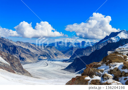 View of Great Aletsch Glacier, the largest glacier in the Alps and UNESCO heritage, in Canton of Valais, Switzerland View of Great Aletsch Glacier, the largest glacier in the Alps and UNESCO heritage, in Canton of Valais, Switzerland 136204198