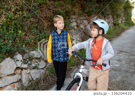 Two young boys walking with a bicycle outdoors and talking, childhood friendship and active lifestyle Two young boys walking with a bicycle outdoors and talking, childhood friendship and active lifestyle 136204410
