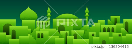 Arabic city panorama in pistachio green color with mosque silhouettes 136204416