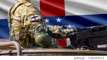 Netherlands Antilles flag with soldier at machinegun turret 136204533