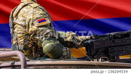Armenia flag with soldier at machinegun turret Armenia flag with soldier at machinegun turret 136204534