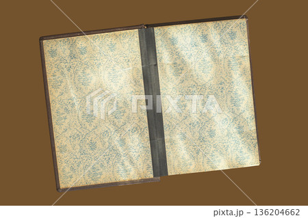 Open book endpapers in the suns rays with shadow. Open book with patterned endpapers, visible spine and binding, design layout, book texture mockup,natural background, copy space Open book endpapers in the suns rays with shadow. Open book with patterned endpapers, visible spine and binding, design layout, book texture mockup,natural background, copy space 136204662