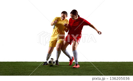 Female soccer players fighting for ball in close contact duel on white background. Female soccer players fighting for ball in close contact duel on white background. 136205036