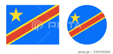 Democratic Republic of Congo flag round, rectangular button. Set of circle, rectangle badge, sticker, icon, sign of Democratic Republic of Congo. 136205068