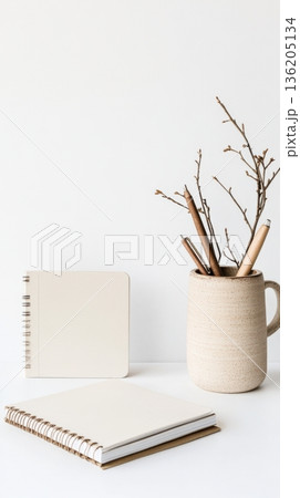 office desk with laptop, coffee and supplies 136205134