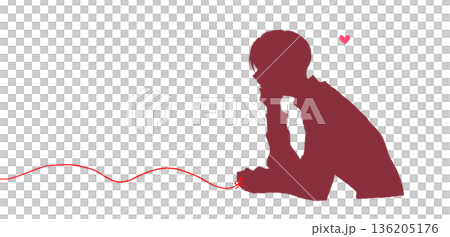 一個男人，身上繫著一條象徵命運的紅線，雙手托著下巴，身影若隱若現。 136205176